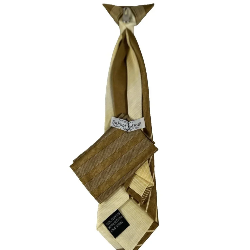 Boy's Clip-on Tie Hanky Set Gold Yellow Mustard 100% Polyester 9.5
